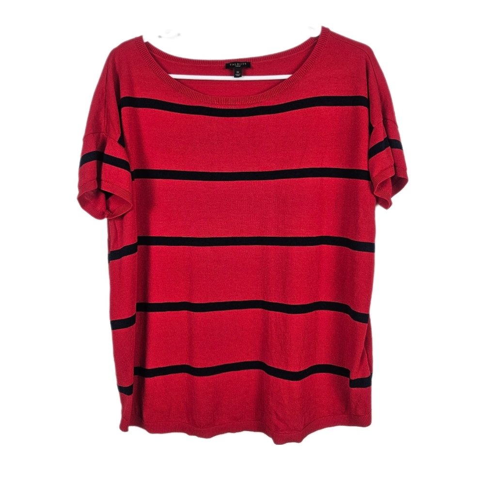 Talbots Short Sleeve Blouse Red Blue Stripes 1X Office Womens Stretch
